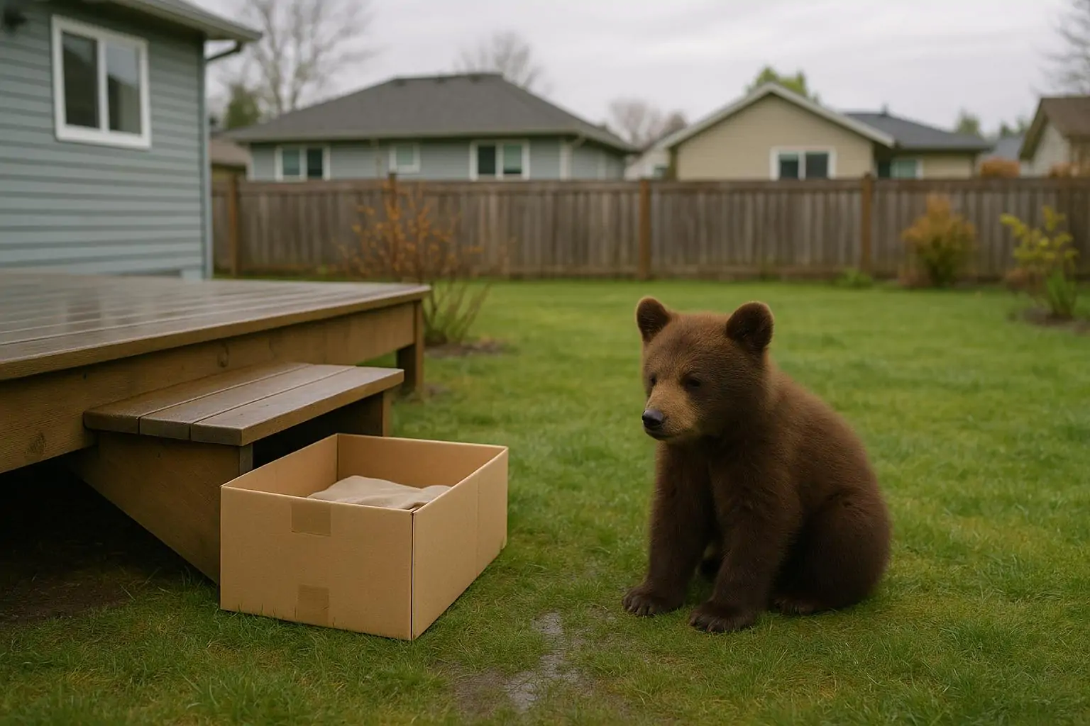 Маленький медвежонок у патио в тихом жилом дворе, рядом коробка с одеялом как временное укрытие
