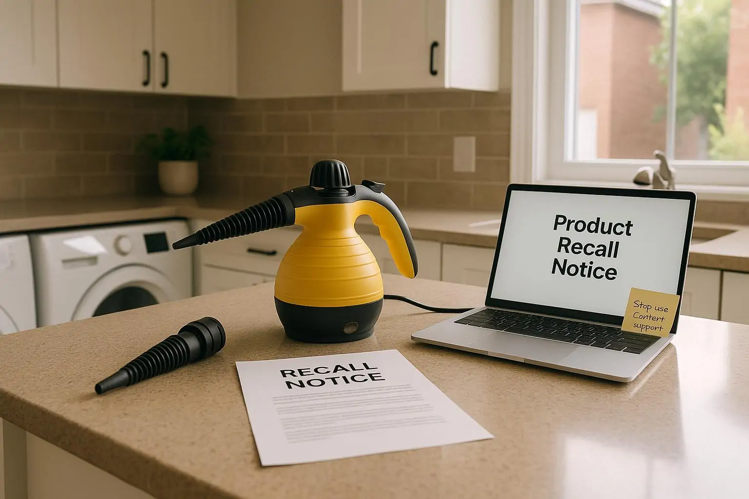 Пароочиститель с отдельно лежащей насадкой рядом с листом «отзыв товара» на светлой кухне