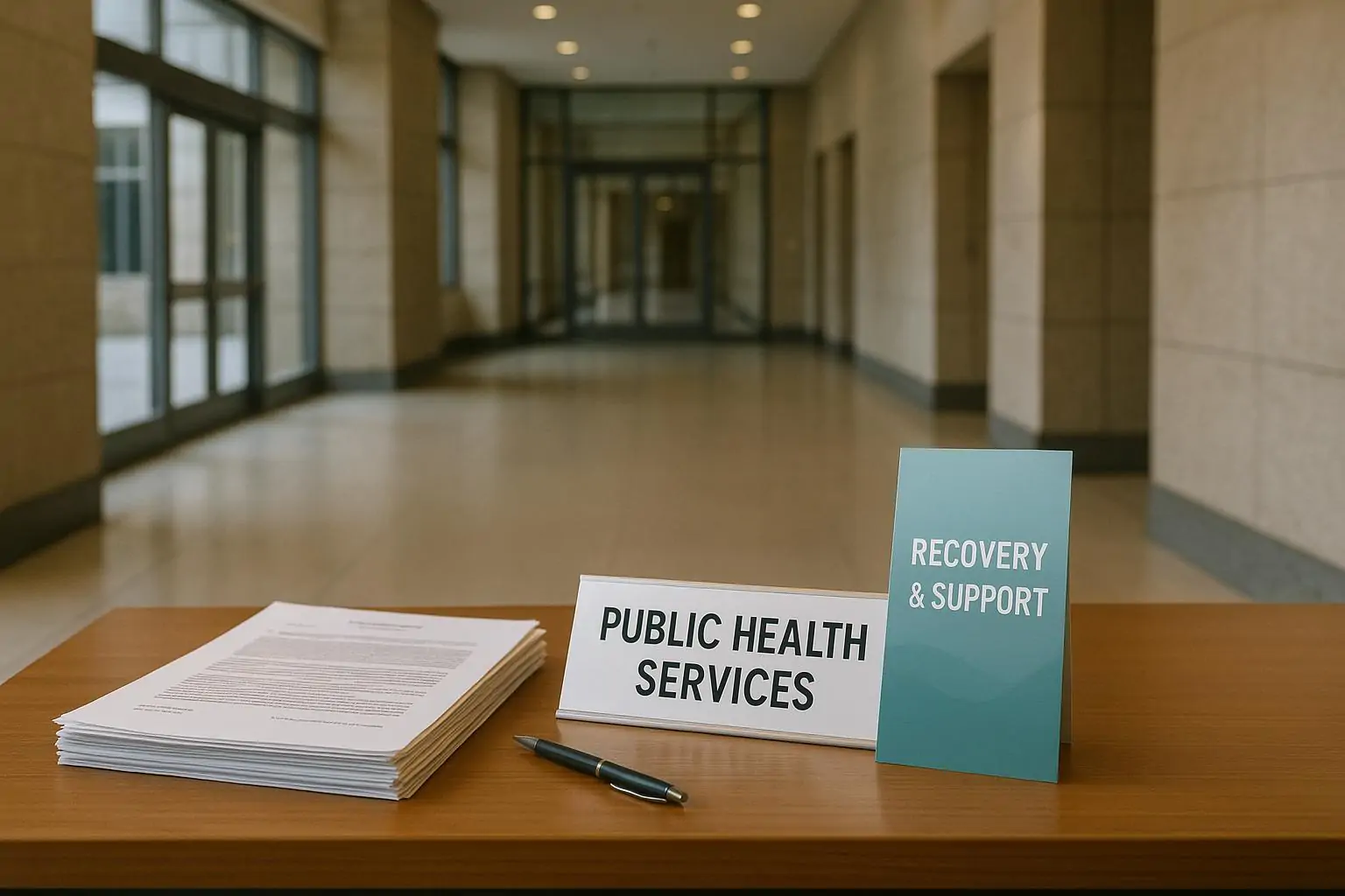 Папка с судебными документами и брошюра о поддержке восстановления на фоне светлого здания суда