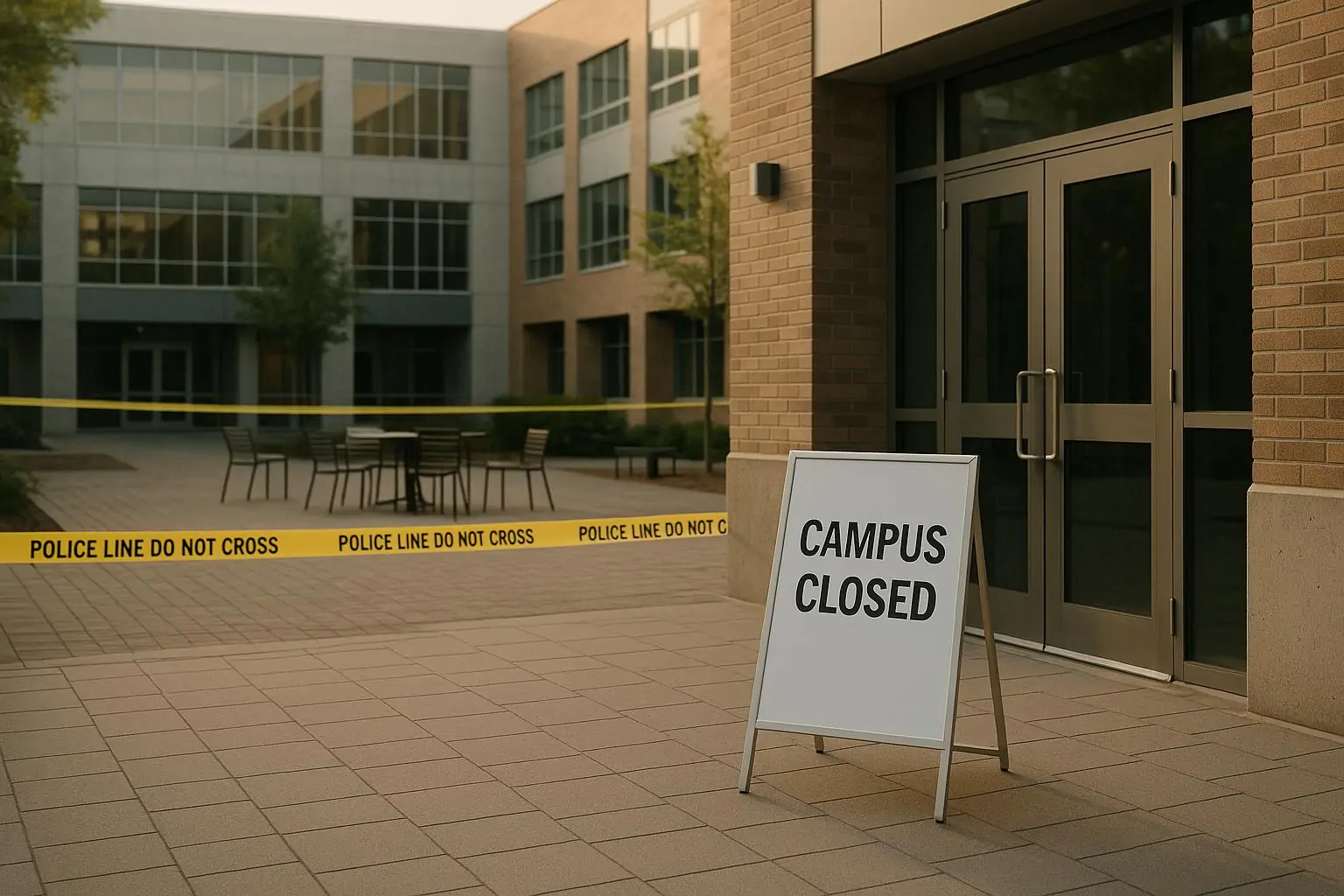 Тихий вход в колледжный кампус с табличкой «кампус закрыт» и ограждённой дорожкой на заднем плане