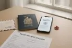 Канадский паспорт, смартфон с электронным сертификатом и анкета на столе у окна, дневной свет