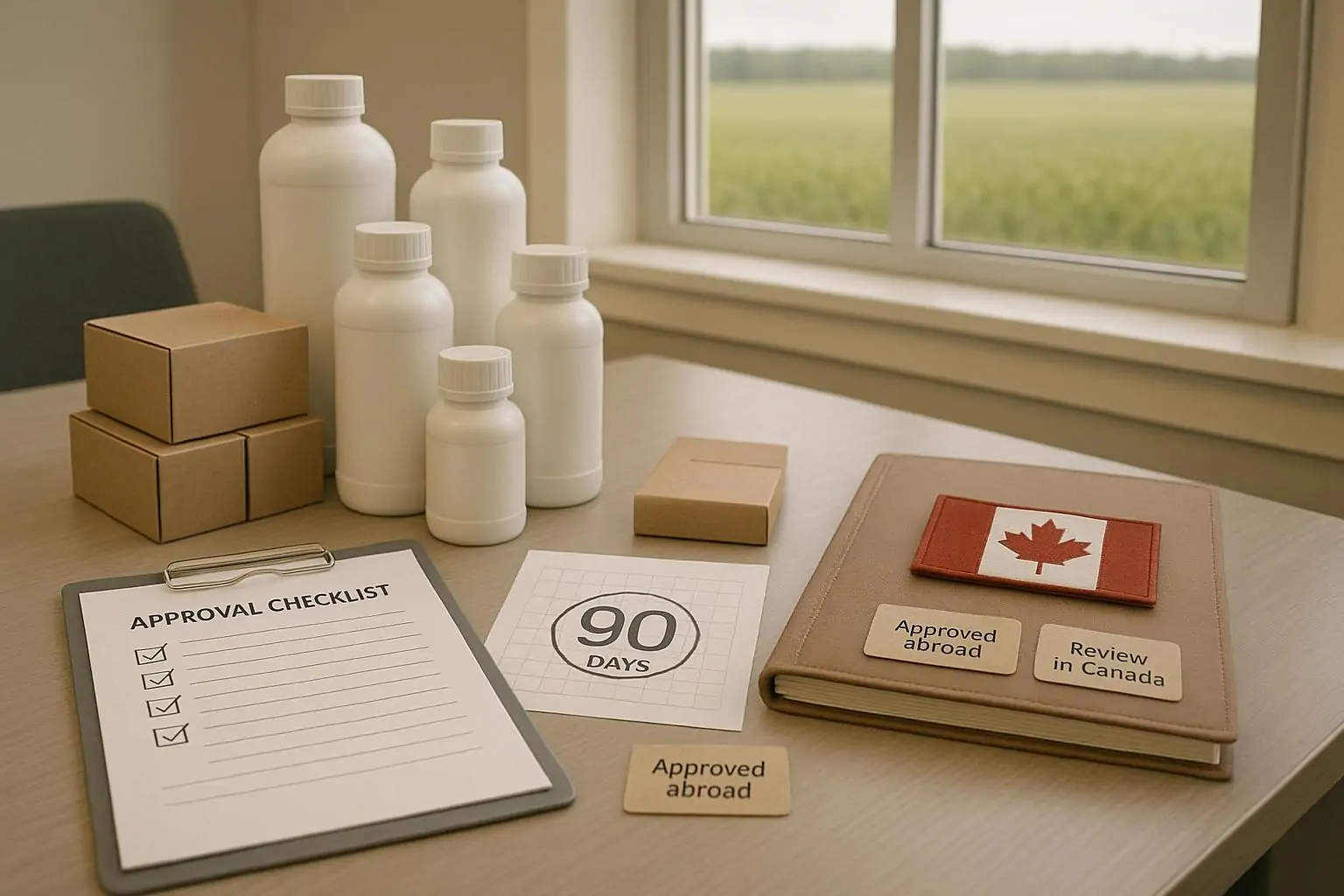 Стол в агроофисе с образцами и листом «90 дней», на фоне поля в Канаде как символ ускорения допусков