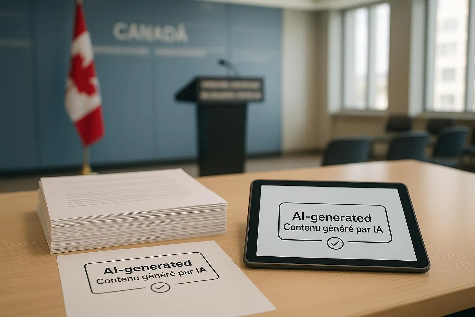 Стол в пресс-зале с отчётом и планшетом, где видна стандартная метка «AI-generated» и символ клена