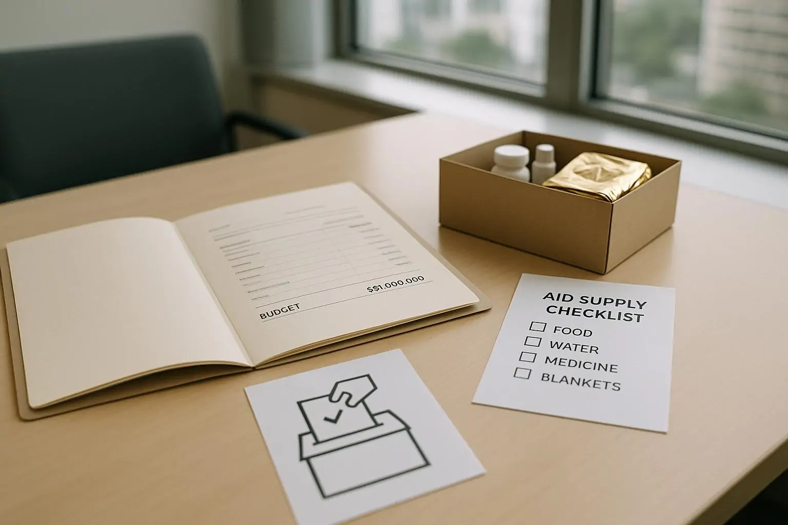 Папка с документами о помощи $51 млн и гуманитарный чек‑лист на столе в светлом офисе, дневной свет.