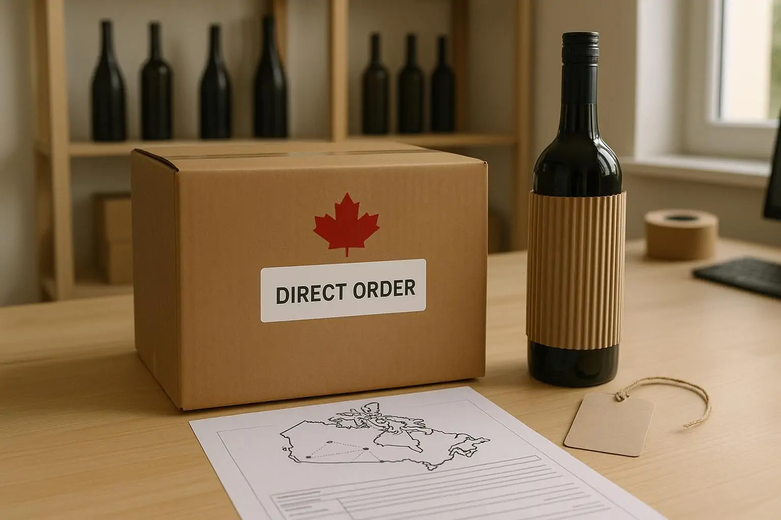 Посылка с канадским алкоголем и накладной на фоне склада производителя, символ межпровинциальных заказов