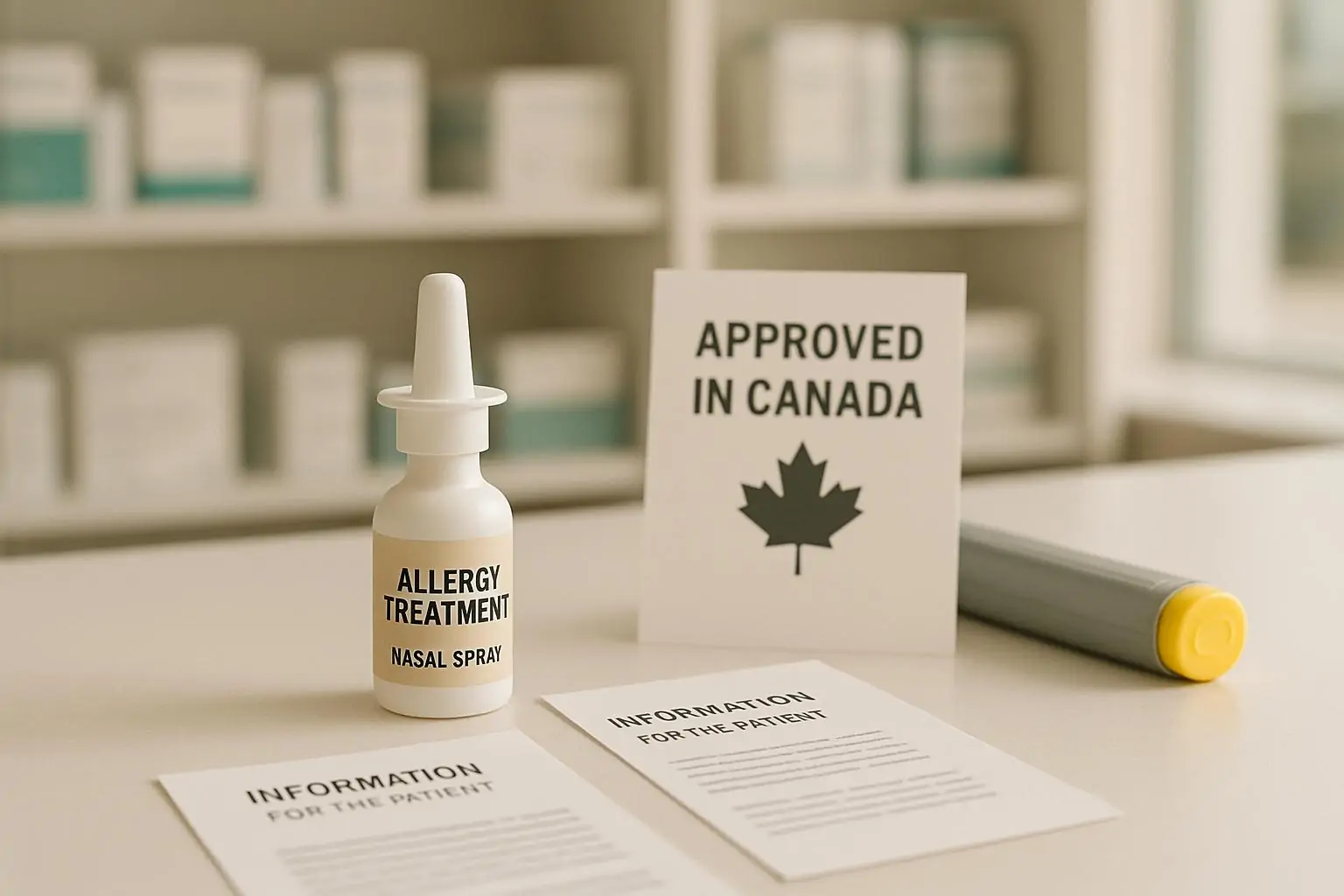 Назальный спрей с эпинефрином на аптечной стойке рядом с листовкой, символизируя одобрение в Канаде