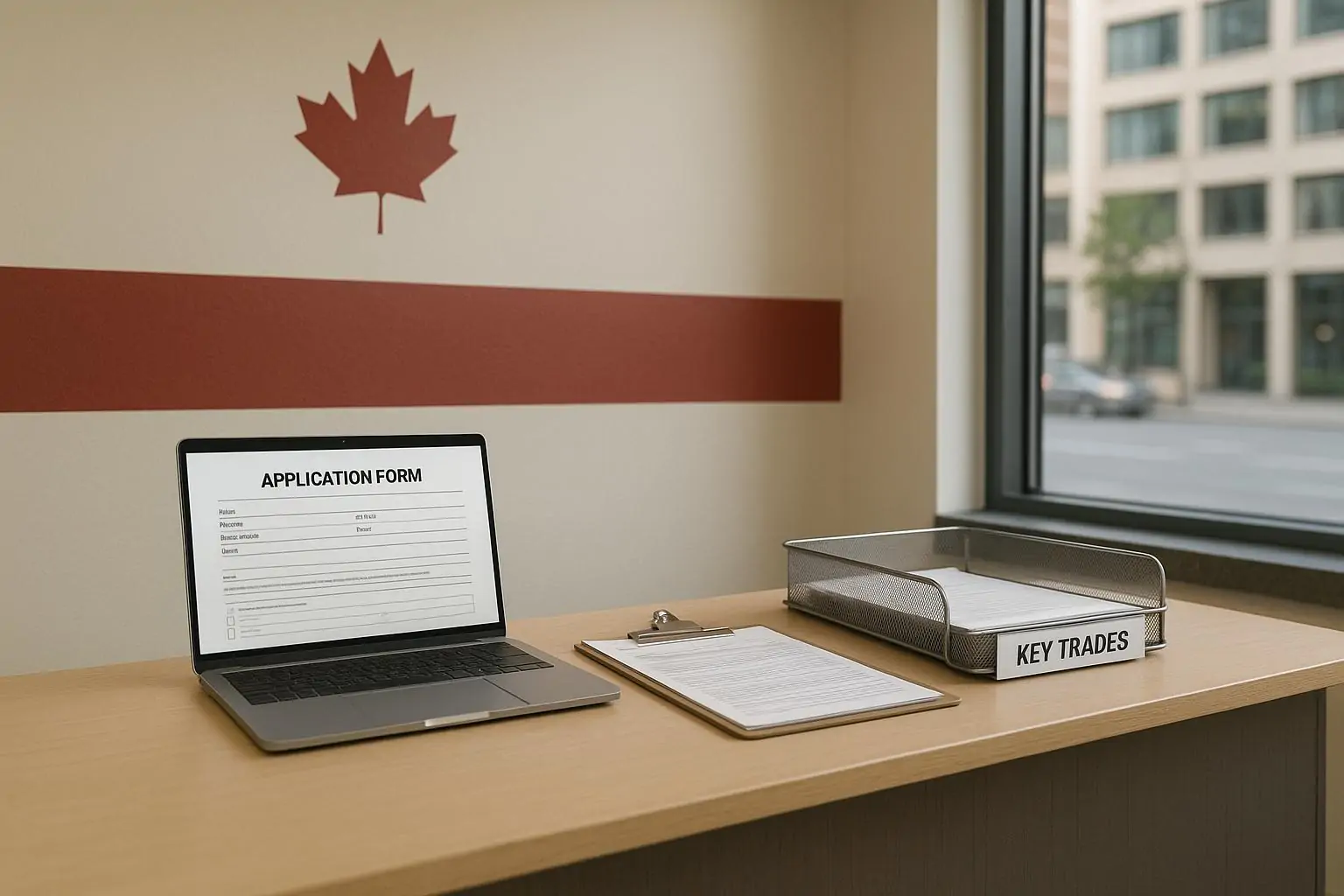 Светлый офис набора: анкеты и ноутбук с формой, рядом почти пустой лоток «дефицитные специальности».