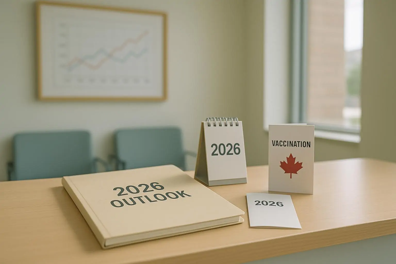Светлый интерьер клиники в Канаде: папка «Прогноз 2026» и нейтральные графики на стене, без людей.