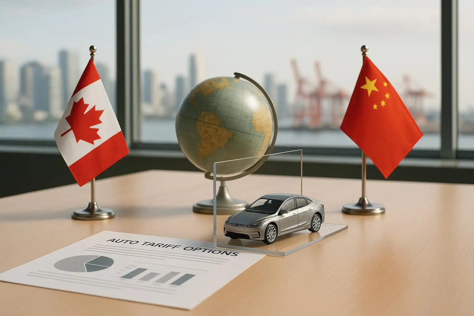 На столе в офисе глобус и миниатюрный электромобиль между флагами Канады и Китая, дневной свет