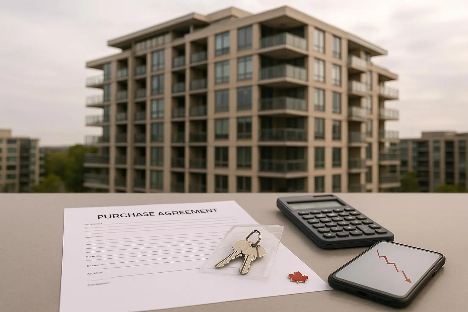 Документы на покупку предстроительного кондо и ключи на столе на фоне нового дома в Канаде