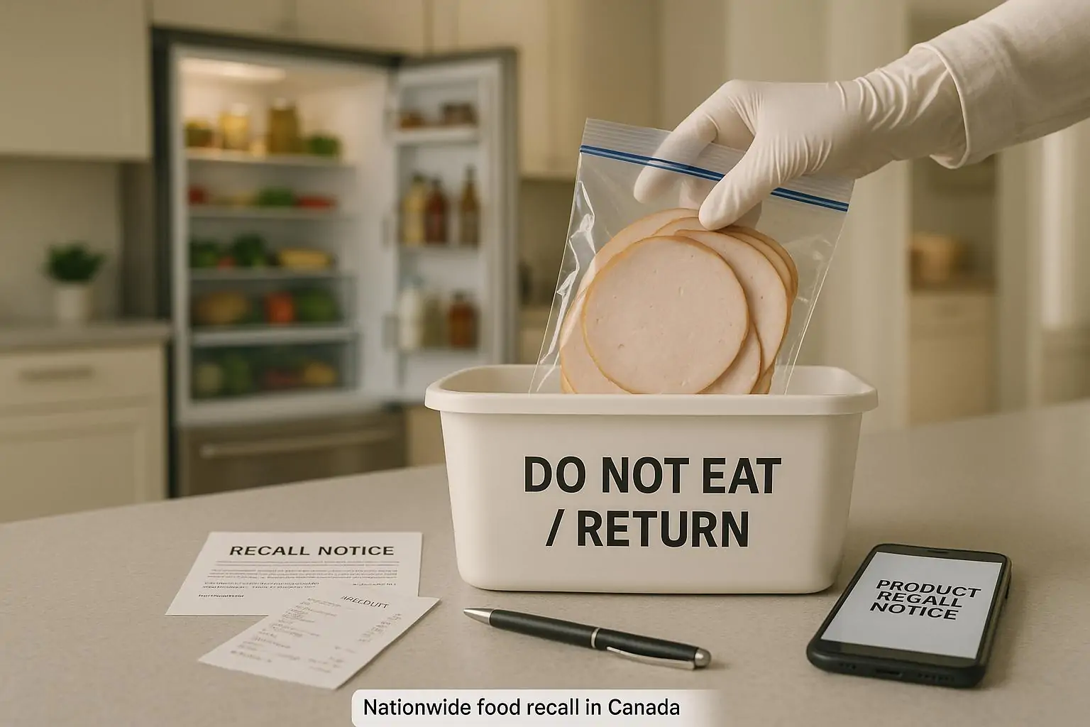 Кухонная столешница: упаковка нарезки птицы рядом с уведомлением об отзыве и телефоном, дневной свет.