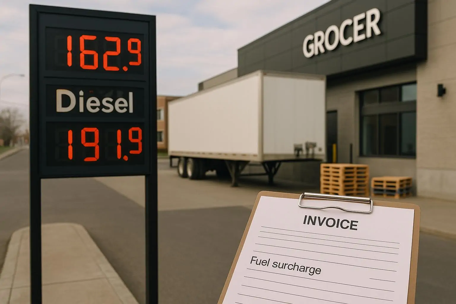 Тихая зона разгрузки у магазина в Канаде: табло с ценой дизеля и строка «топливная надбавка» в счёте.