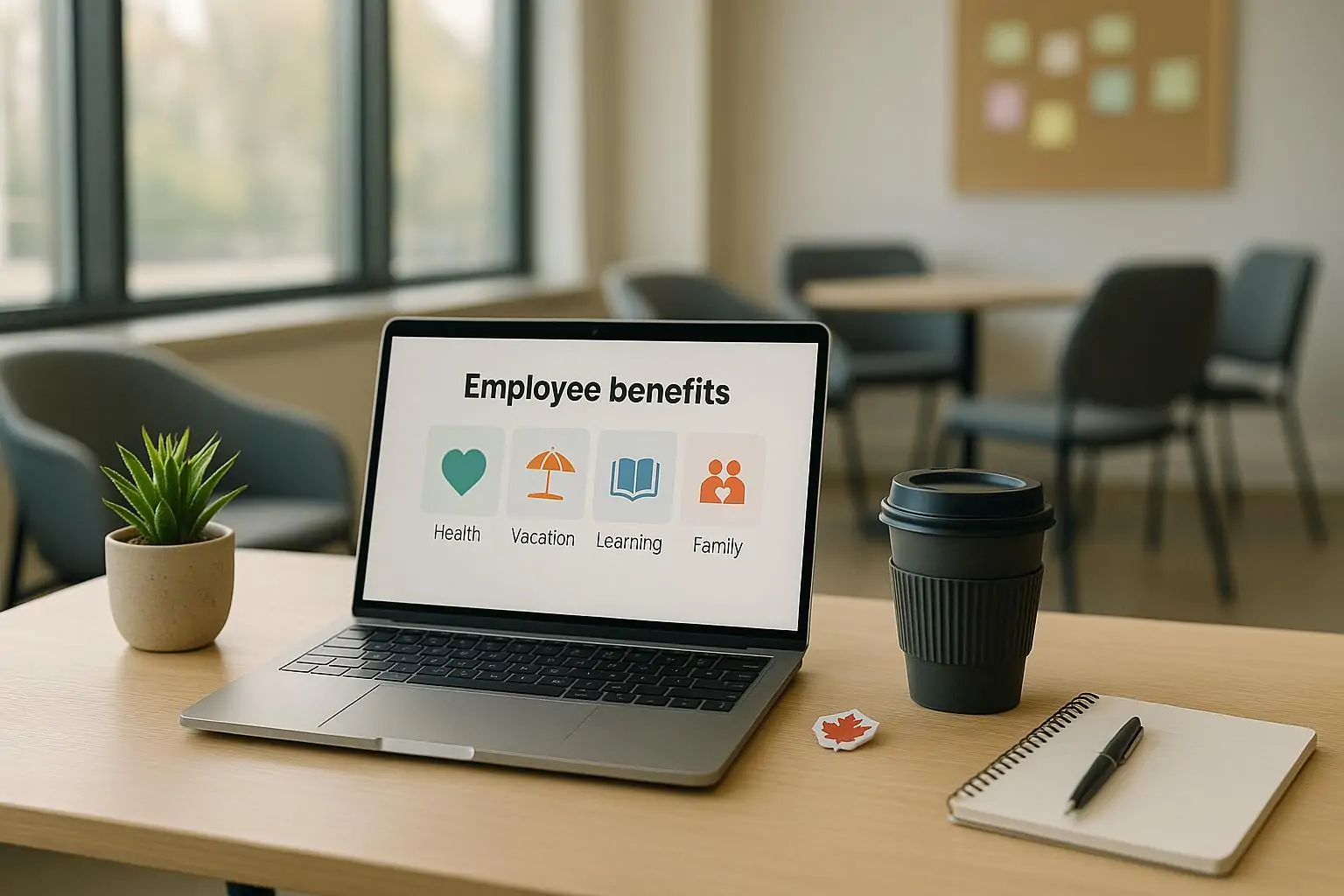 Светлый офис в Канаде: на столе ноутбук с иконками льгот, блокнот и значок кленового листа, без людей.