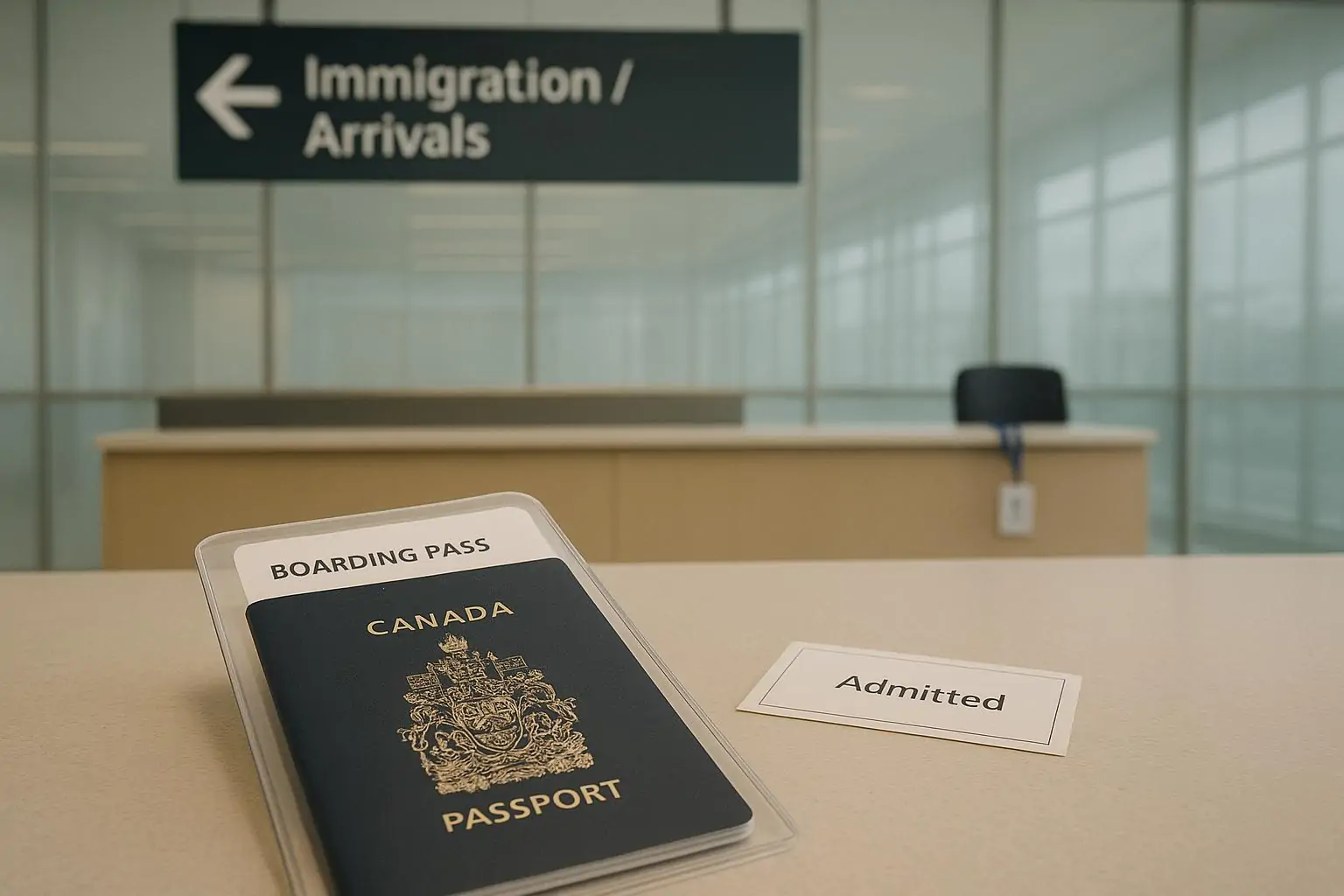 Спокойная зона прибытия в канадском аэропорту: документы и посадочный рядом с табличкой «Immigration/Arrivals».