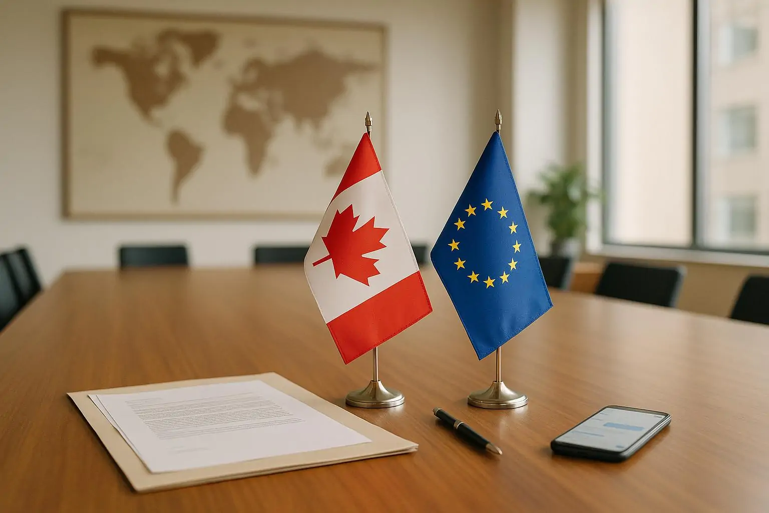 Два настольных флага Канады и ЕС рядом на столе в светлой переговорной, символ сближения и партнёрства