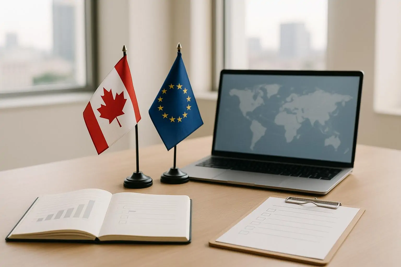 На столе рядом стоят флажки Канады и ЕС, рядом анкеты опроса и графики, мягкий дневной свет