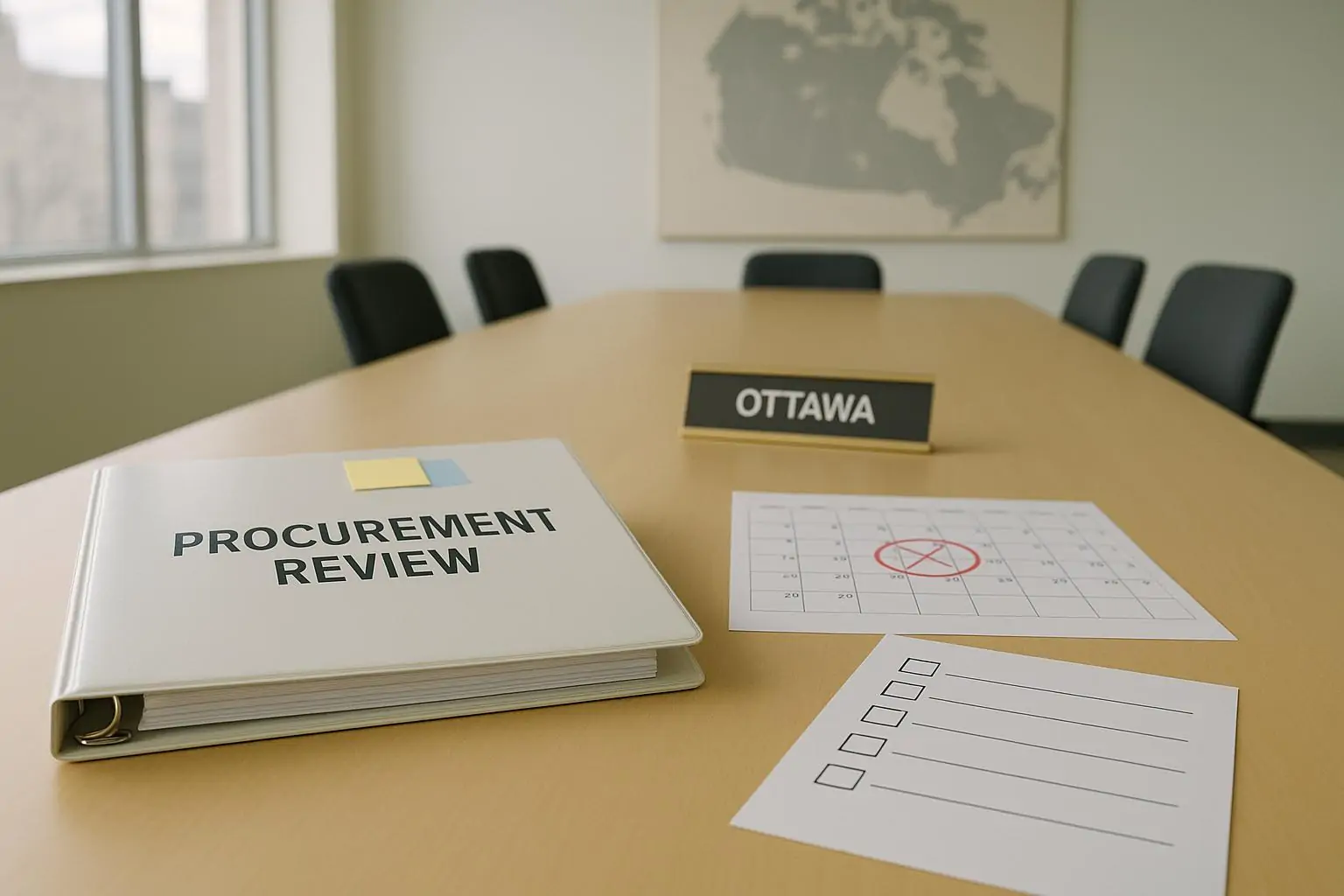 Светлый офис в Оттаве: папка “Procurement Review”, чек-лист и календарь с зачёркнутым сроком на столе