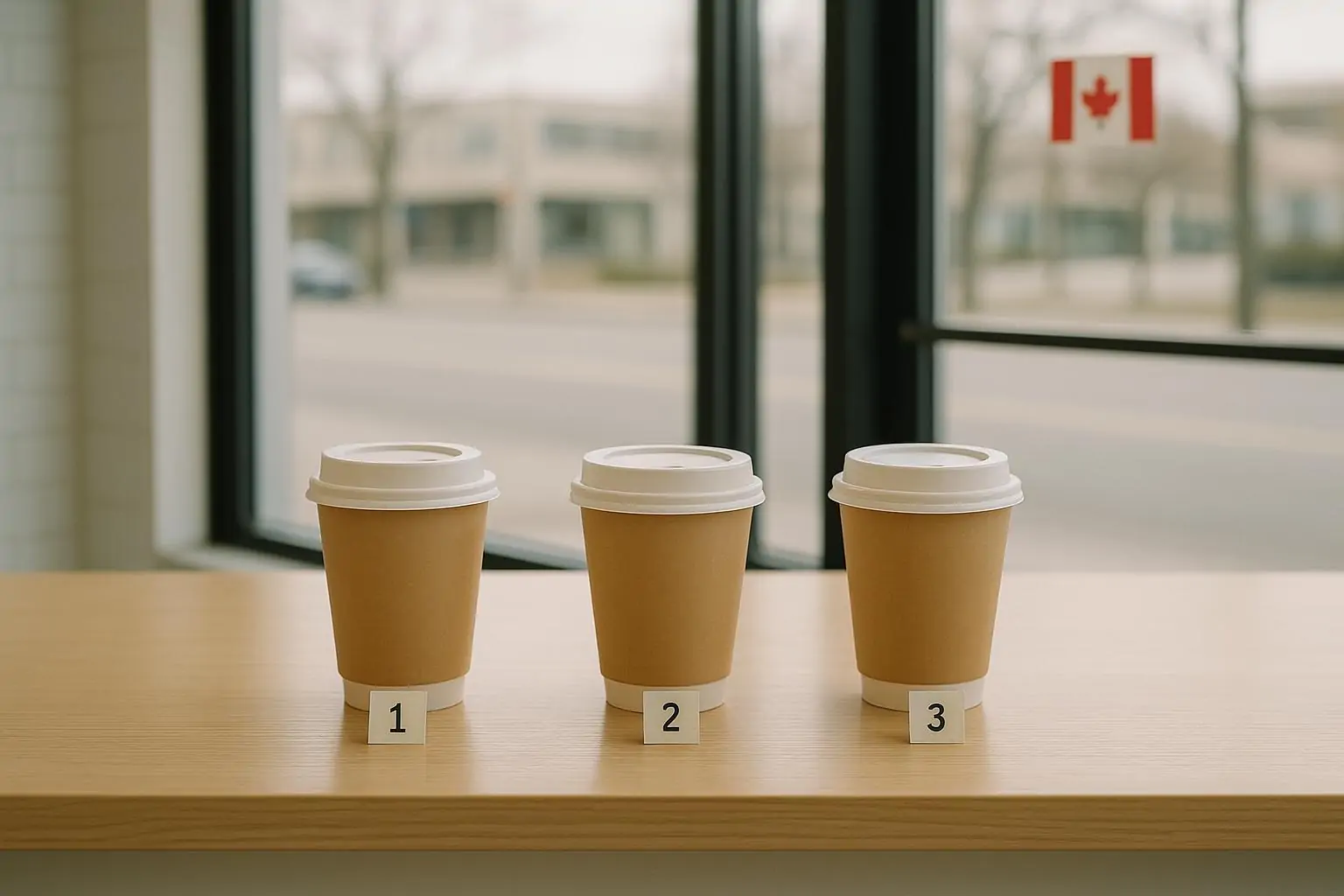 Три безымянных стакана кофе на стойке в светлом кафе, символизирующие рейтинг фастфуд-кофе в Канаде
