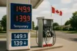 Современная канадская АЗС днём: табло цен с лёгким снижением и пометкой «временно», на фоне флага.