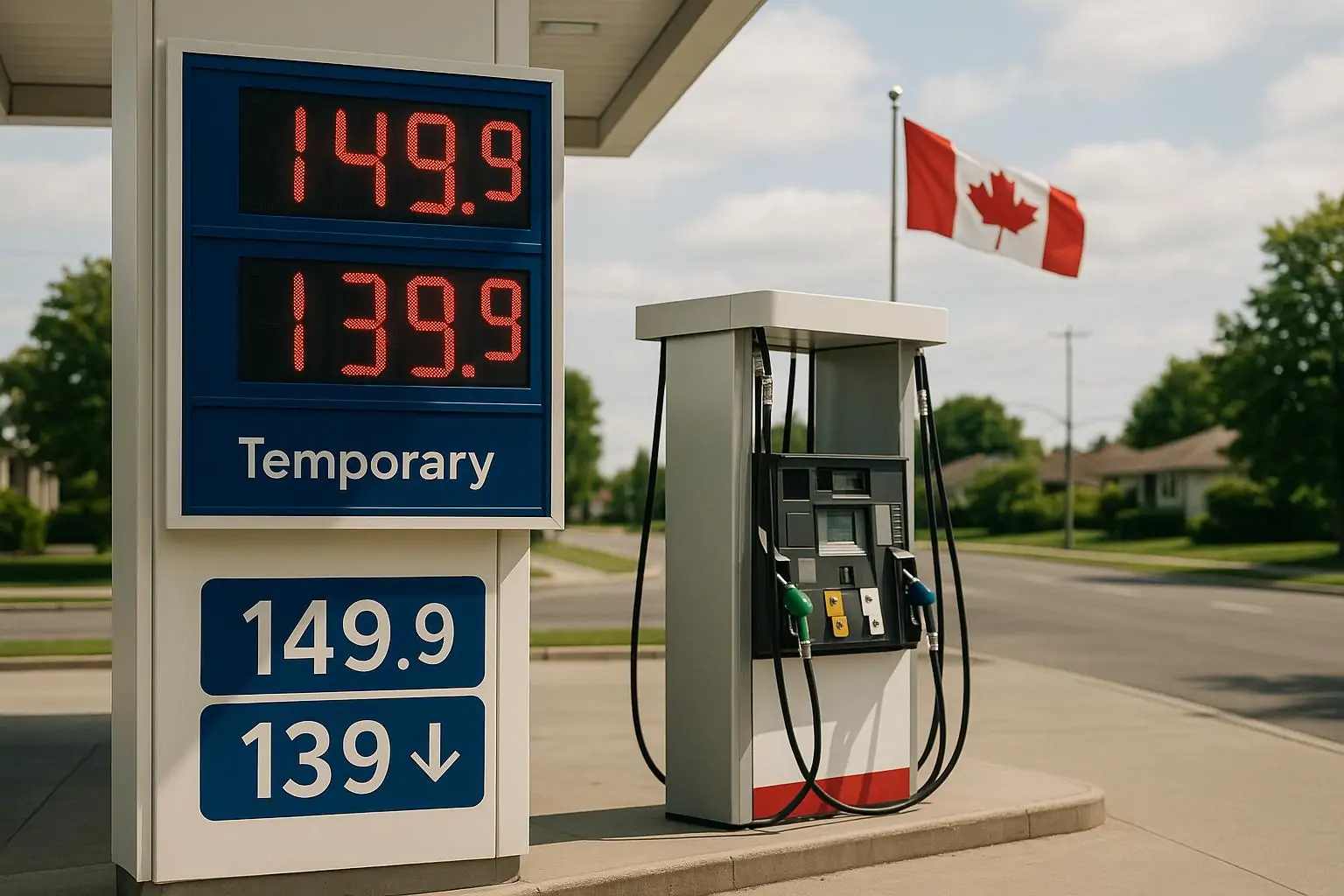 Современная канадская АЗС днём: табло цен с лёгким снижением и пометкой «временно», на фоне флага.