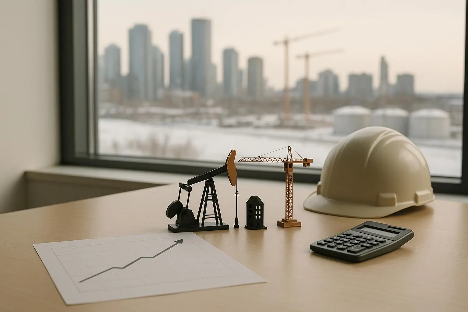 Редакционное фото: график с умеренным ростом и мини-макеты нефтедобычи и стройки на столе у окна.