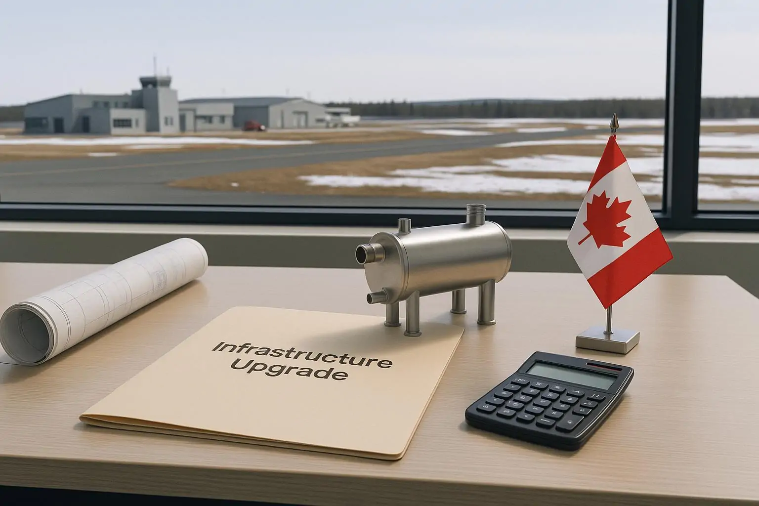 Планы модернизации инфраструктуры на северной базе: чертежи и макет электрокотельной у окна с видом на аэродром