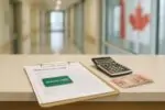 Стойка клиники в Канаде: документы, карточка медстраховки и калькулятор рядом с банкнотами, дневной свет