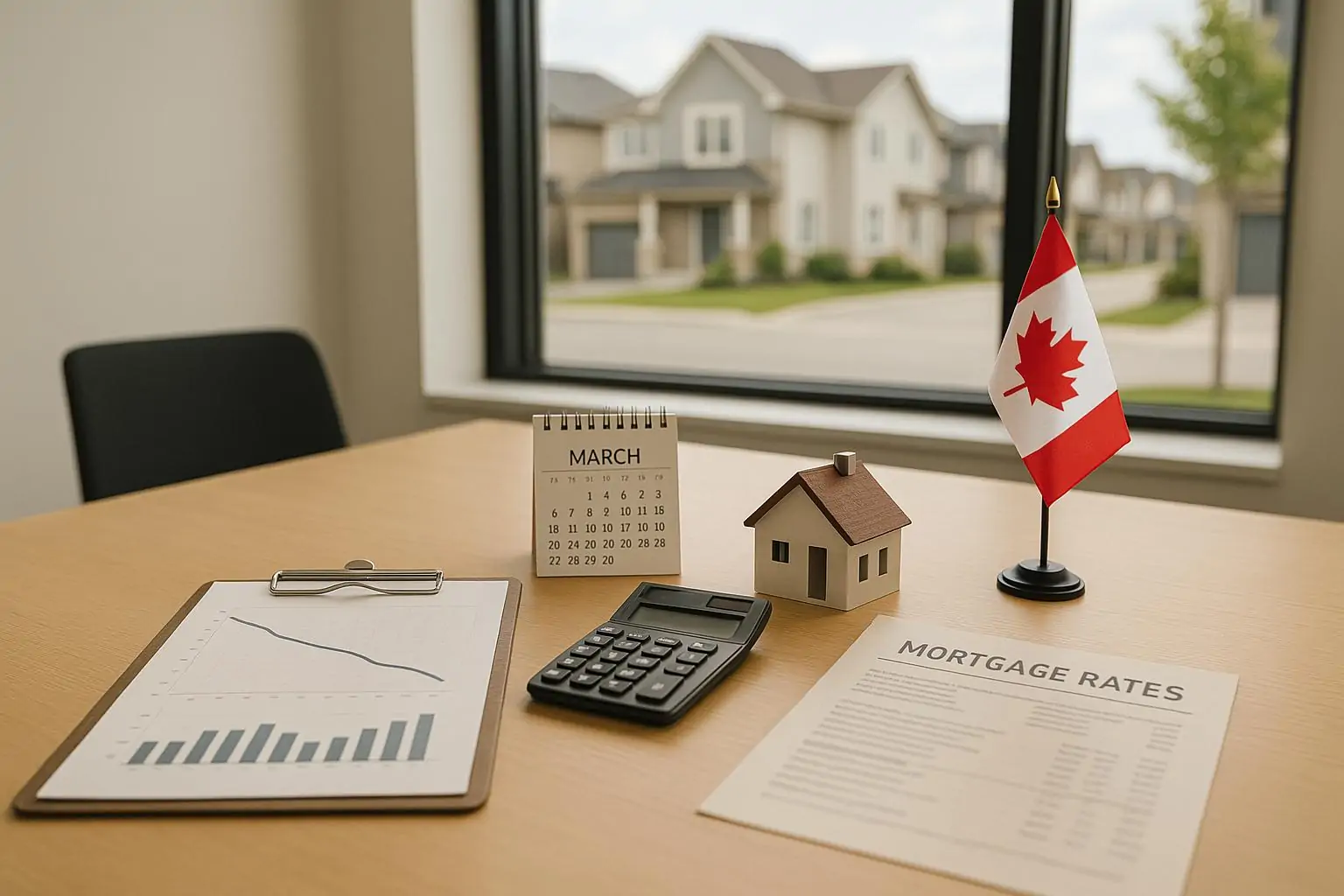 Светлый офис риелтора: макет дома, калькулятор и график с замедлением роста на фоне канадского пригорода.