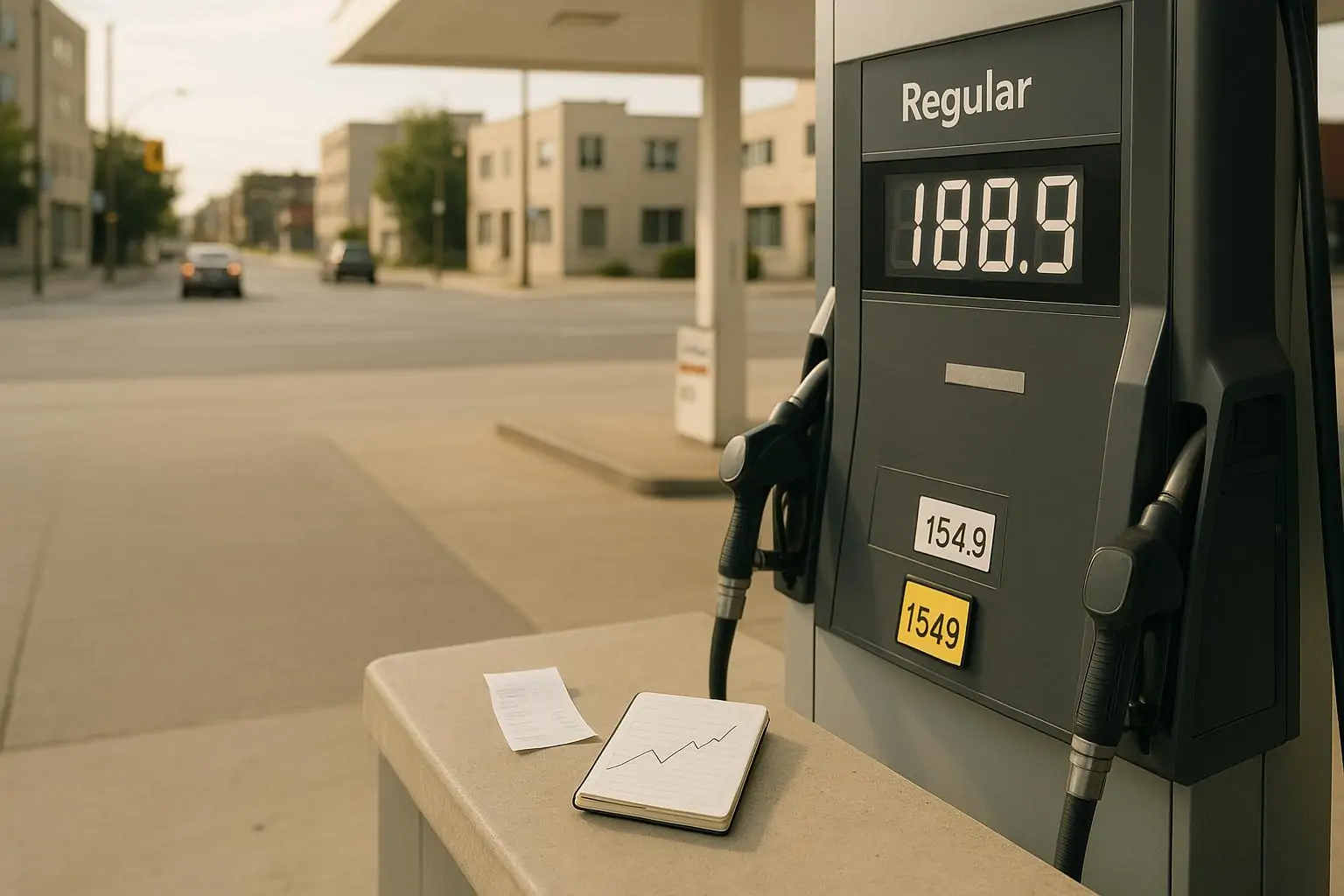 Светлая автозаправка в Канаде с табло высокой цены и заметкой с растущим графиком, символ роста инфляции