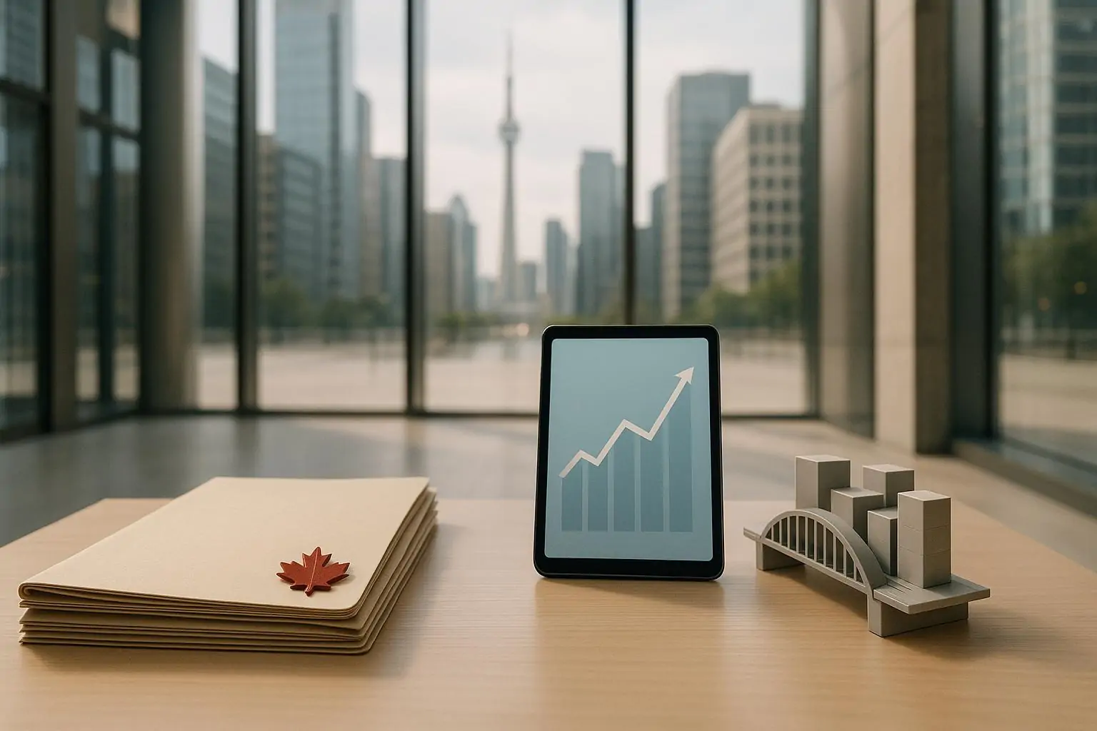 Папки для саммита инвесторов на столе в светлом лобби в Торонто, на фоне мягкий городской силуэт