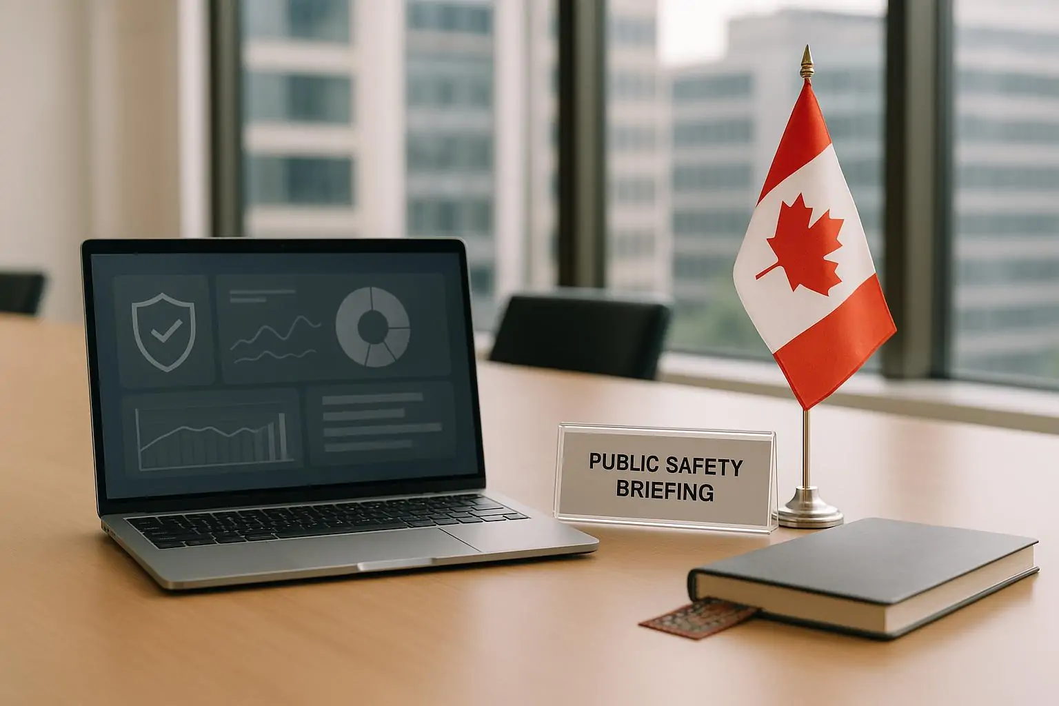 Стол для брифинга в Оттаве с ноутбуком и флажком Канады, символизирующий мониторинг угроз диаспоре