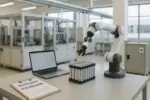 Светлая лаборатория передового производства в Канаде: робот-манипулятор и модуль батареи на чистом столе