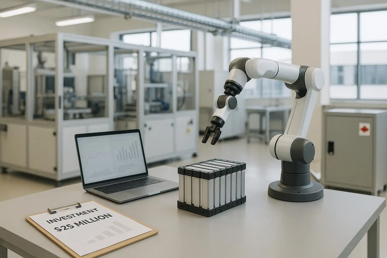 Светлая лаборатория передового производства в Канаде: робот-манипулятор и модуль батареи на чистом столе