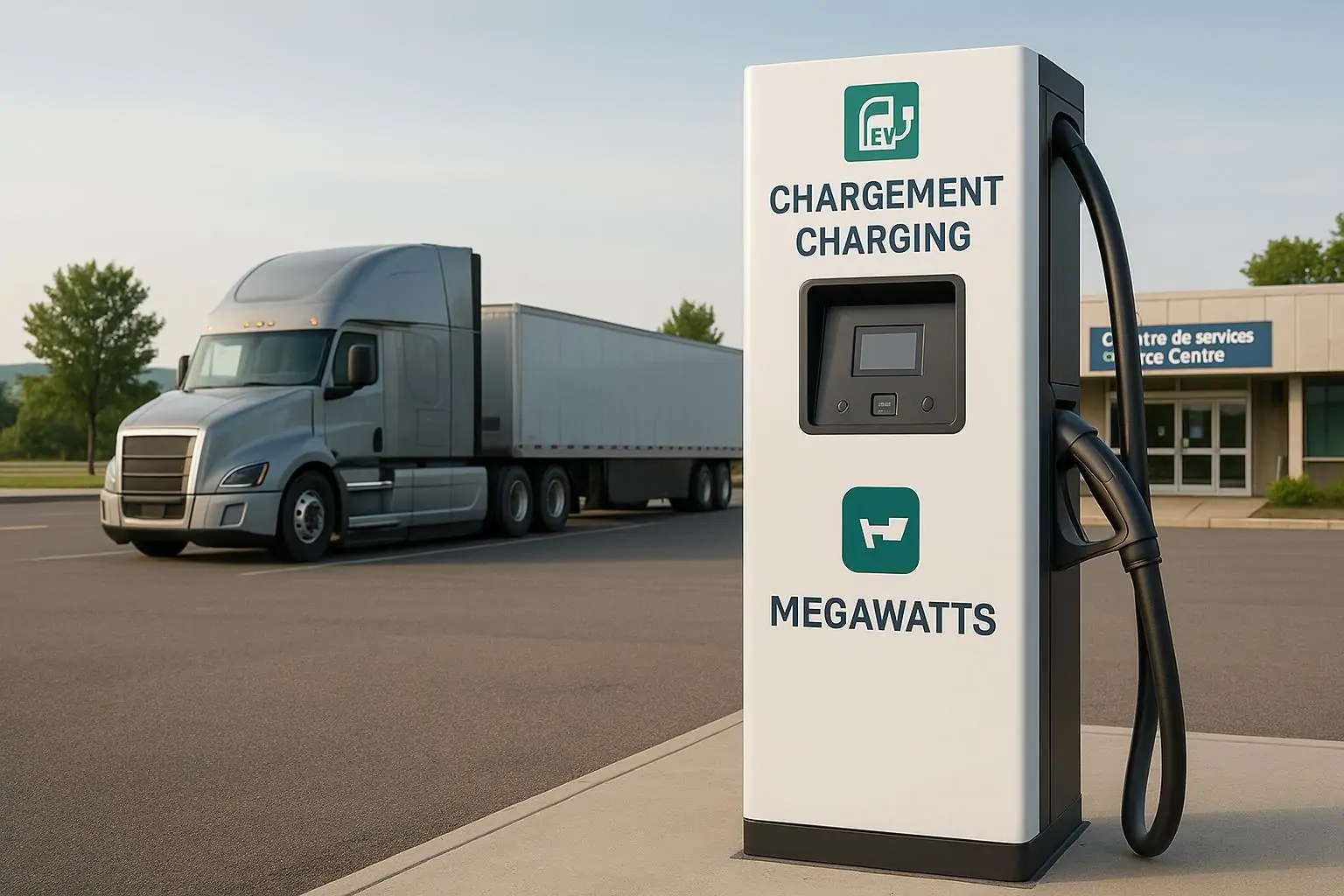 Современная мегаваттная зарядная колонка на сервисной зоне у шоссе в Квебеке, рядом электрофура