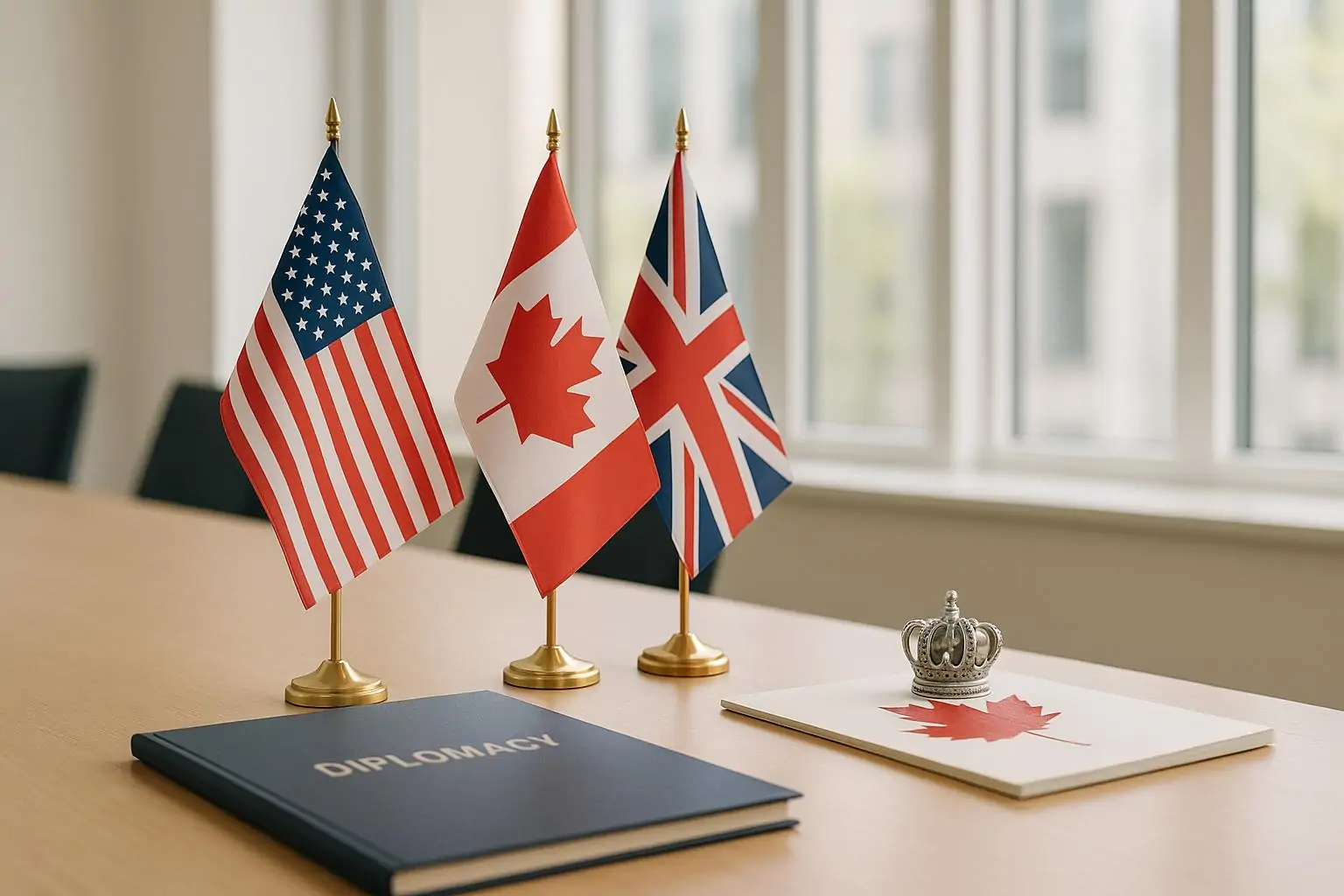 Светлый переговорный стол с флагами США, Канады и Британии и символом короны рядом с кленовым листом