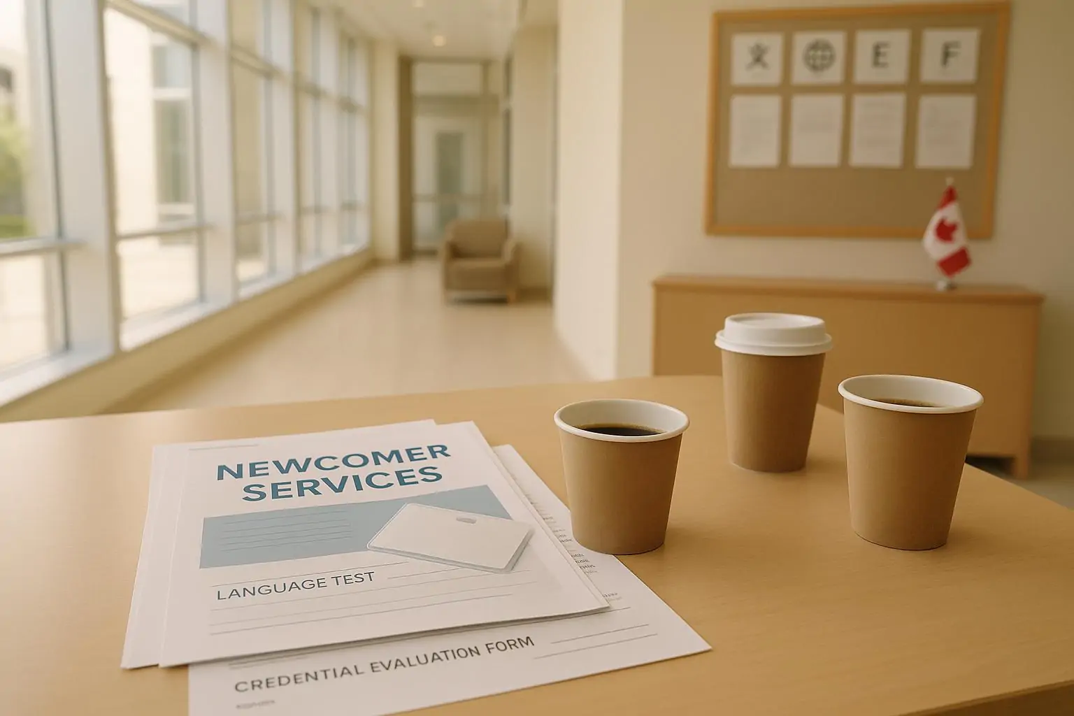 Стол в светлом общественном центре Канады с анкетами, бейджем и буклетом для новичков, символ включённости