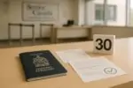 Паспорт Канады на столе рядом с чеком и календарём с отметкой «30 дней», в светлом офисе