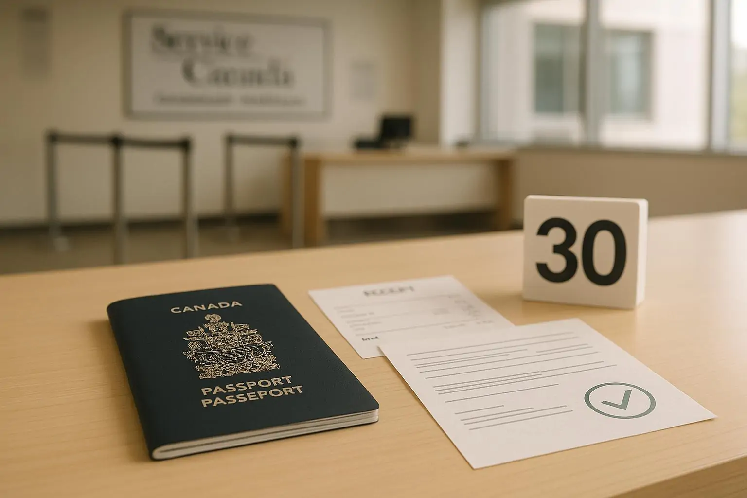 Паспорт Канады на столе рядом с чеком и календарём с отметкой «30 дней», в светлом офисе