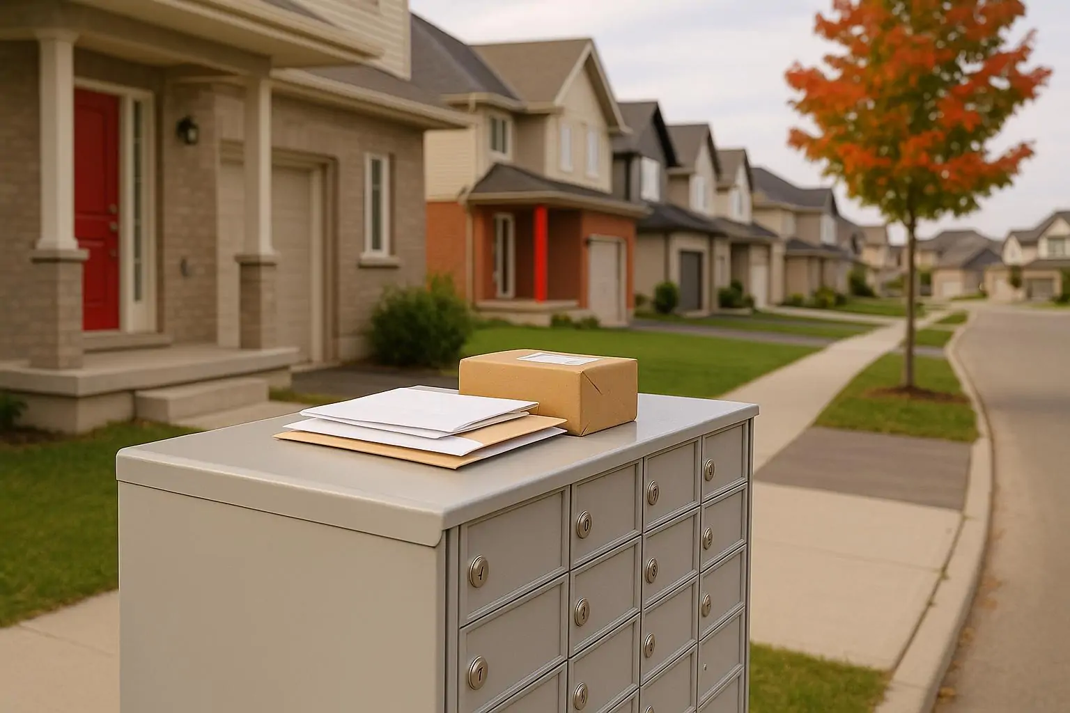 Общинные почтовые ящики на тихой улице в Канаде, дом на фоне размыто, мягкий дневной свет.