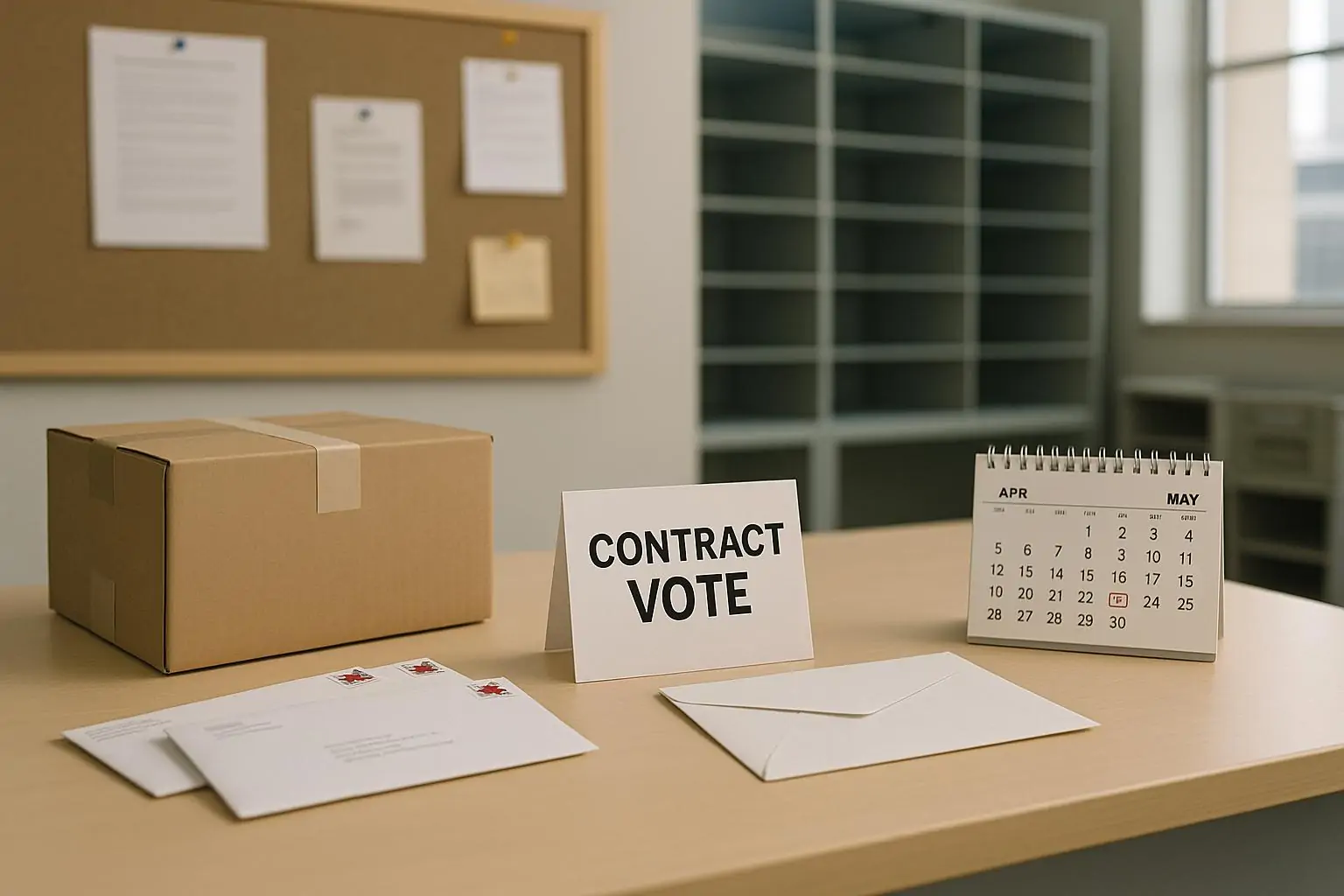 Почтовое отделение: на столе конверты и посылка рядом с бюллетенем по контракту, дневной свет