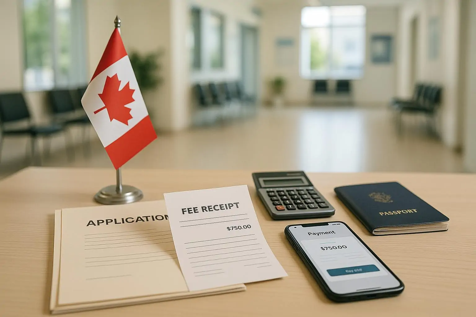 Документы на ПМЖ в Канаде, чек с обновлённым сбором, калькулятор и паспорт на столе в светлом офисе