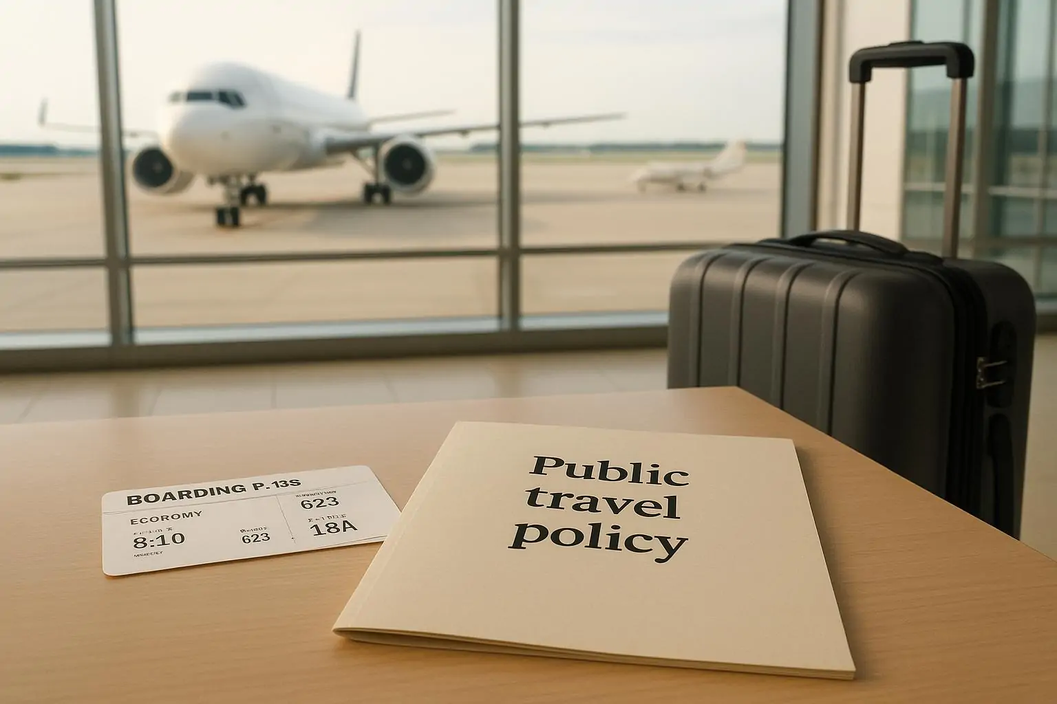 Спокойный зал аэропорта: посадочный талон и папка о госрасходах на столе, за окнами самолёты на стоянке.