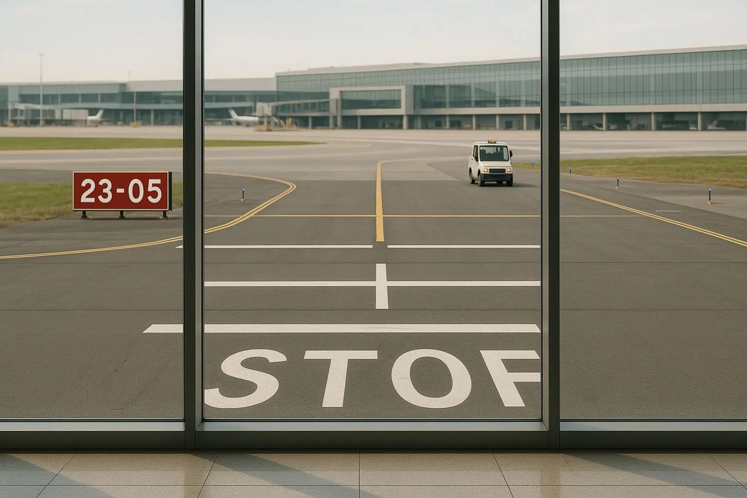 Пересечение ВПП и рулёжки в аэропорту Канады: разметка, знак и огни, нейтральный дневной свет