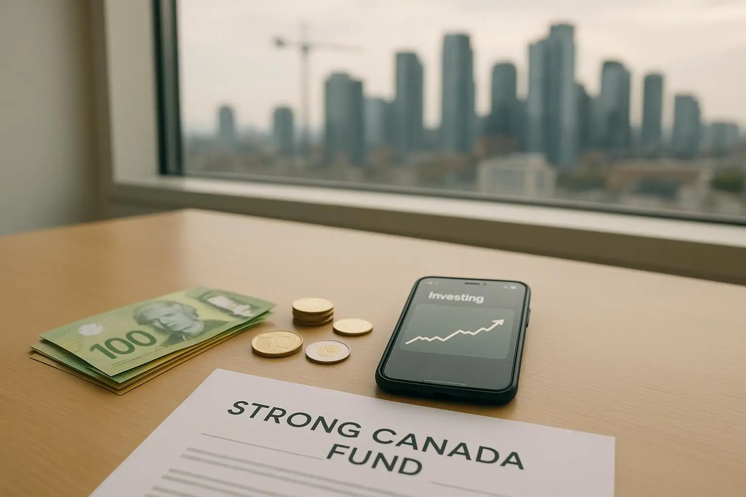 Канадские доллары и смартфон с приложением инвестиций рядом с документом «Strong Canada Fund» у окна
