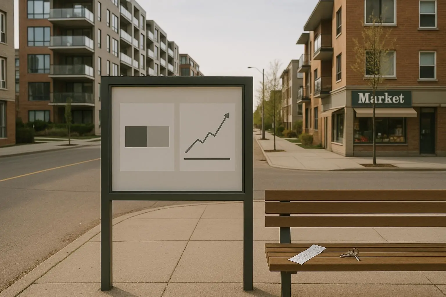 Спокойная улица у жилых домов в Канаде: на стенде два графика 50/50 и роста цен, рядом чек и ключи.