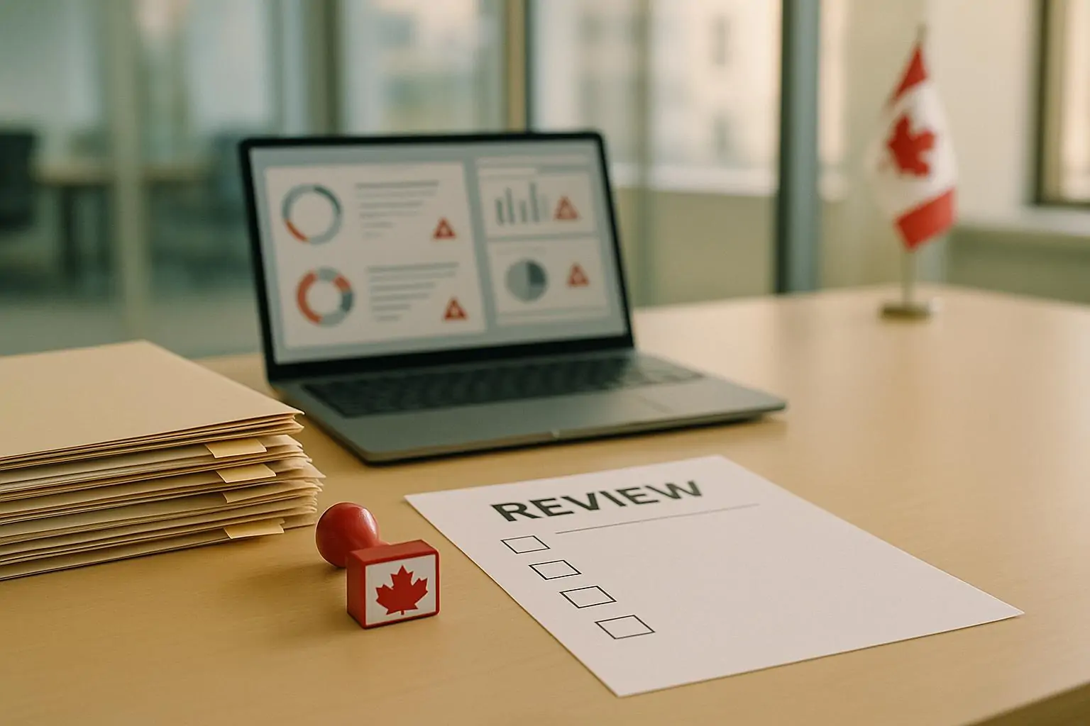 Стол в светлом офисе с папками заявок на студвизы, ноутбуком с графиками и листом «проверка»