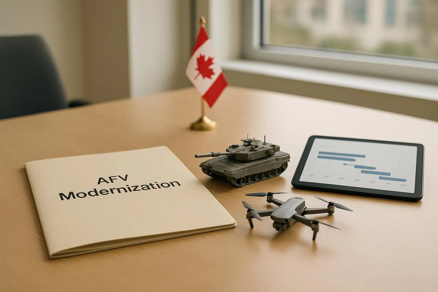 На столе в светлом офисе макеты танка и дрона рядом с папкой о модернизации техники, символ выбора