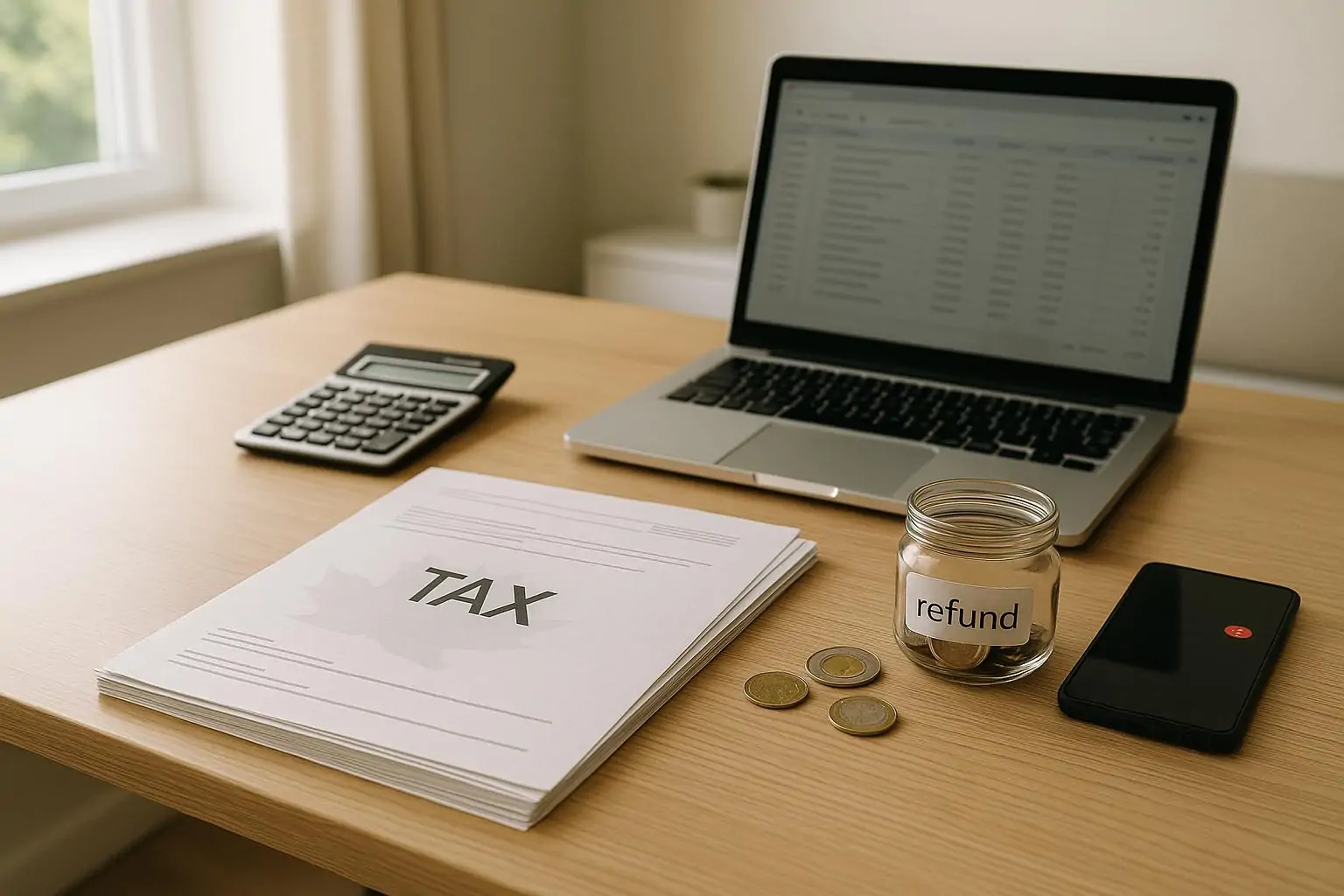 Документы по налоговой декларации Канады, калькулятор и символическая банка «refund» на светлом столе