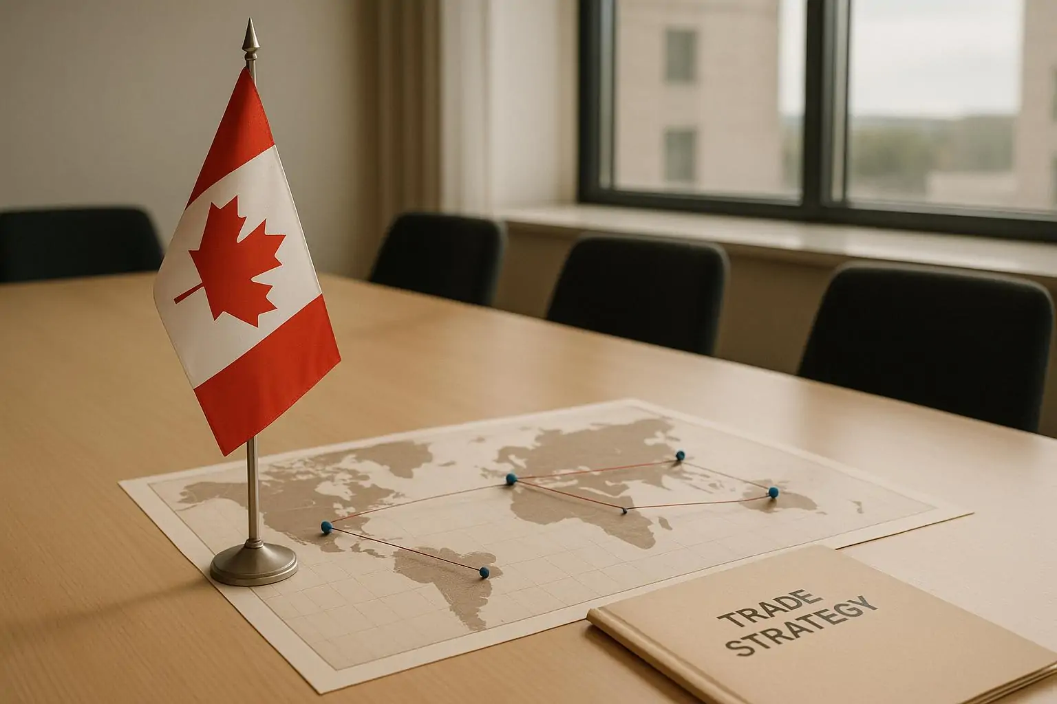 Канадский флаг на столе рядом с картой мира и документами, символизирующими диверсификацию торговли
