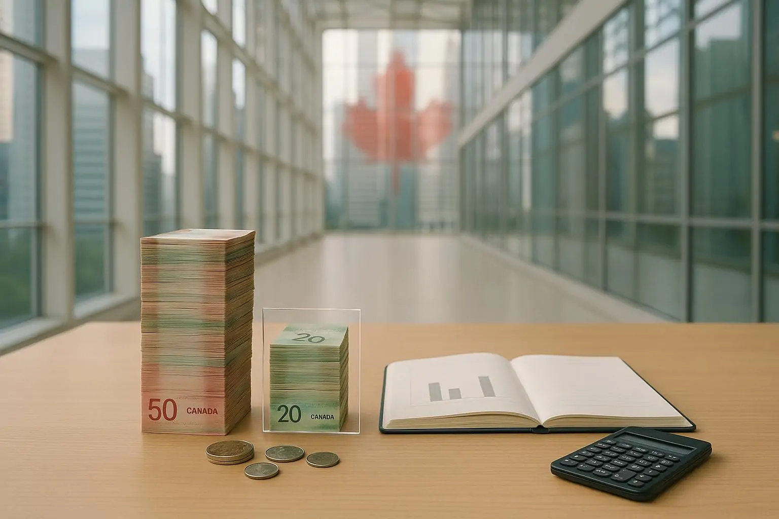 Две стопки канадских денег разной высоты на столе в светлом офисном холле, символ роста разрыва